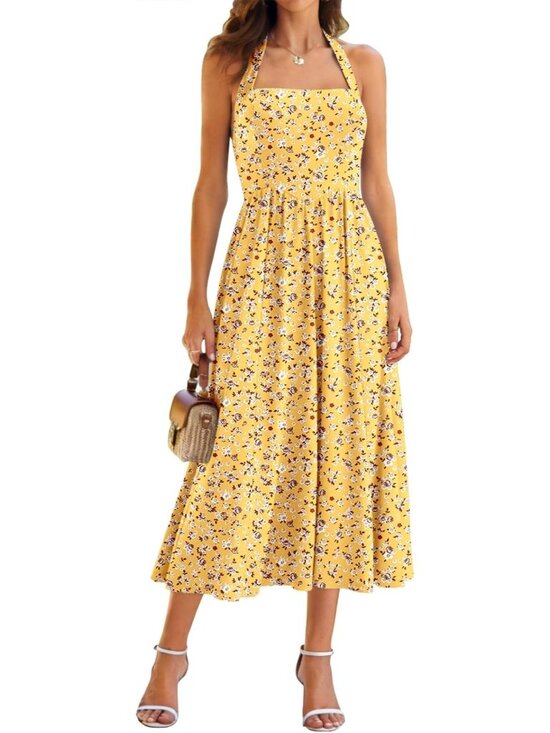 Dresses & Skirts - Women's Yellow Floral Halter Sleeveless Drop Waist Corset Midi Dress Swing